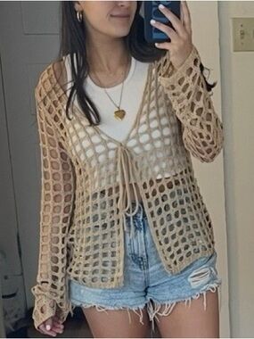 Revolve MORE TO COME Malya Tie Front Crochet Knit Cardigan Nude